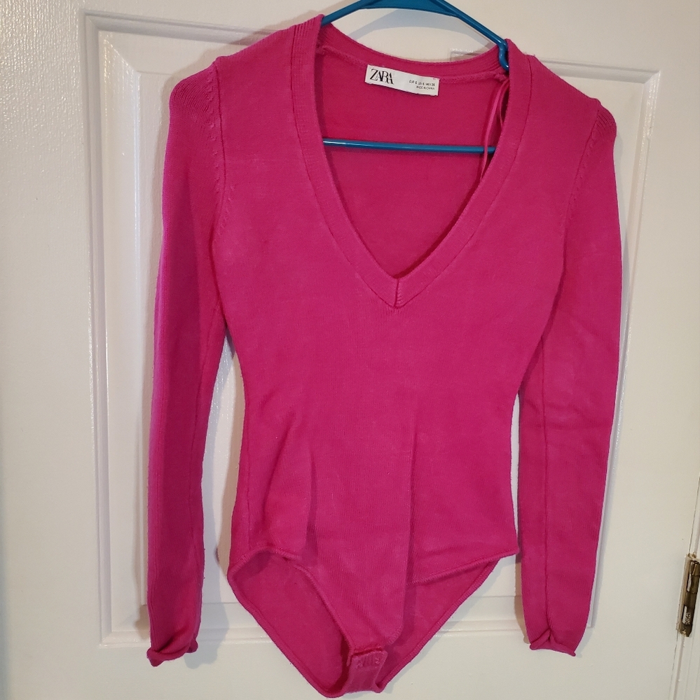 Zara Pink Long Sleeve Sweater Bodysuit Small